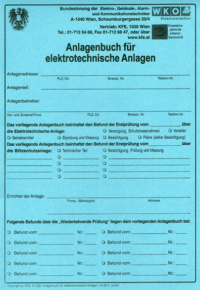 Anlagenbuch fuer elektrotechnische Anlagen Österreich